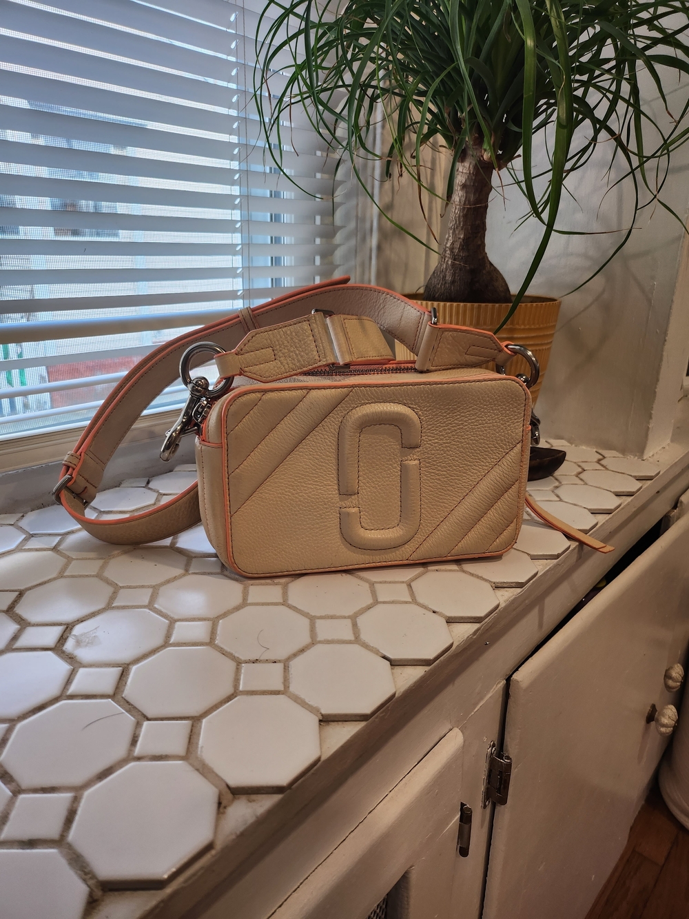 The Marc Jacobs Beige Snapshot Crossbody Bag with Coral Trim